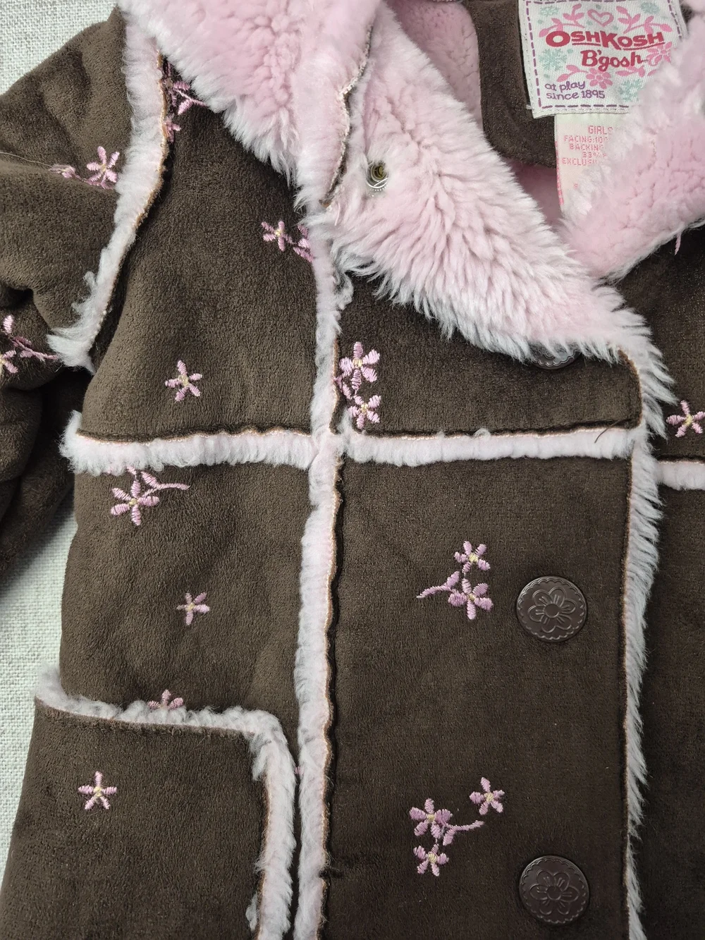 Vintage 90s OshKosh B’gosh Baby Girl Faux Shearling Floral Embroidered Coat 18M